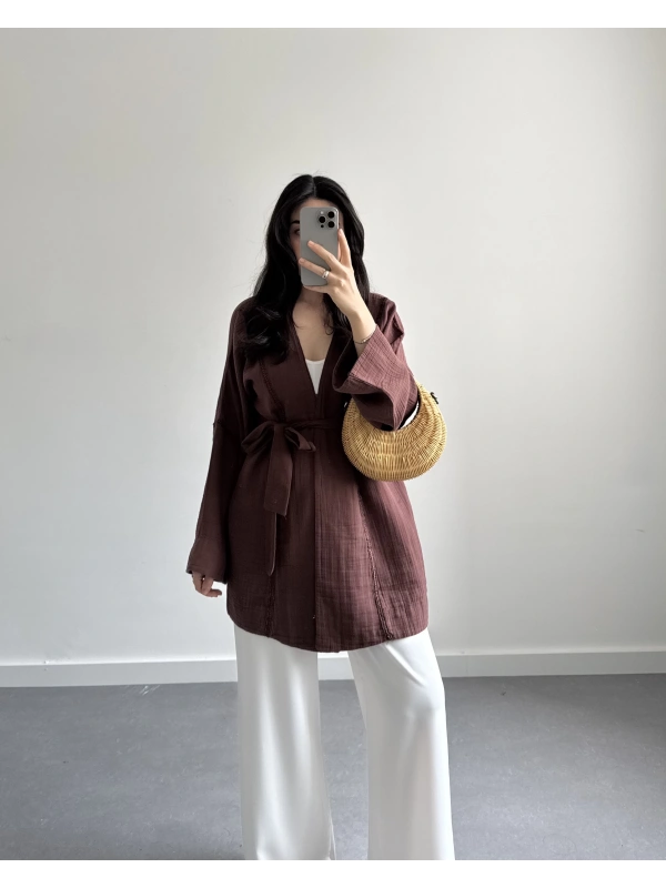 KAHVE UZUN KEMERLİ KİMONO