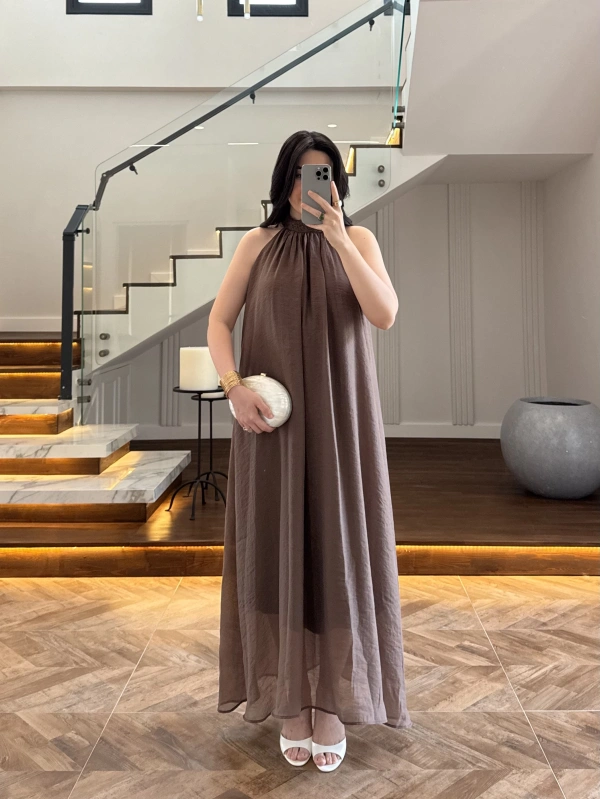 KAHVE YAKA BAĞCIKLI ELBİSE-3438