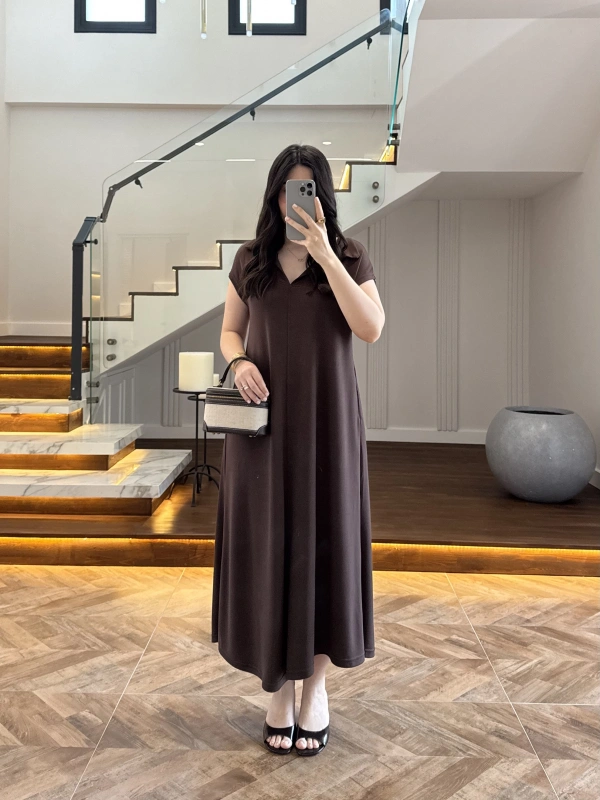 KAHVE YAKALI PİKE ELBİSE - 4141