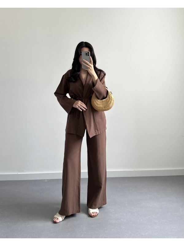 KAHVERENGİ ÖRGÜ KEMERLİ KİMONO TAKIM