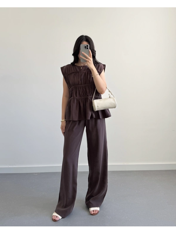 KAHVERENGİ TENSEL LAYERLİ BLUZ TAKIM