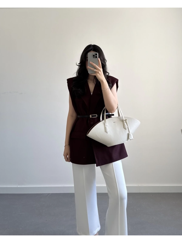 Kemerli Vatkalı Yelek Bordo oversize kalıp