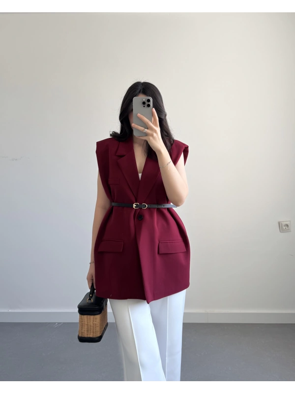 Kemerli Vatkalı Yelek Bordo