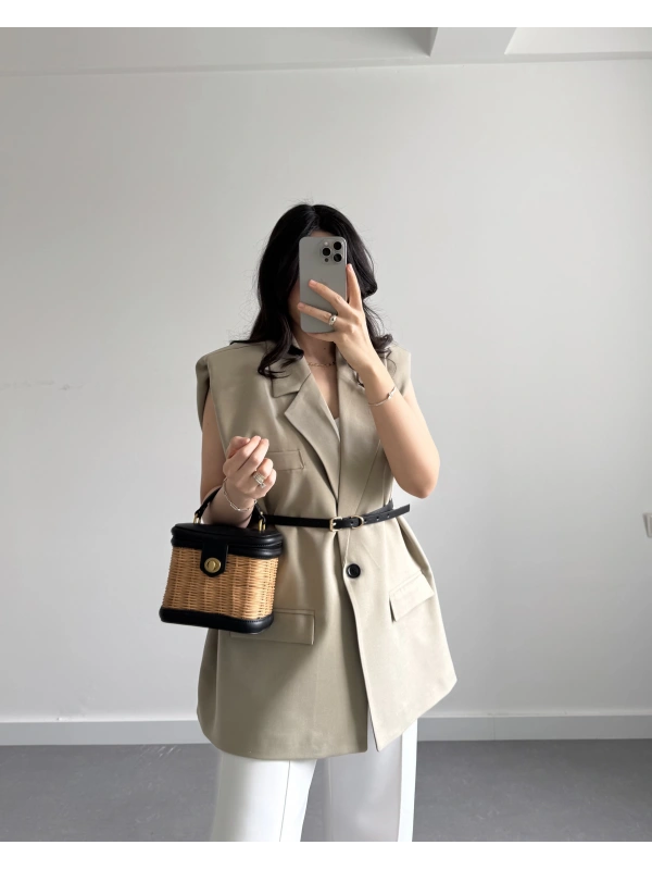 Kemerli Vatkalı Yelek Çağla Yeşil