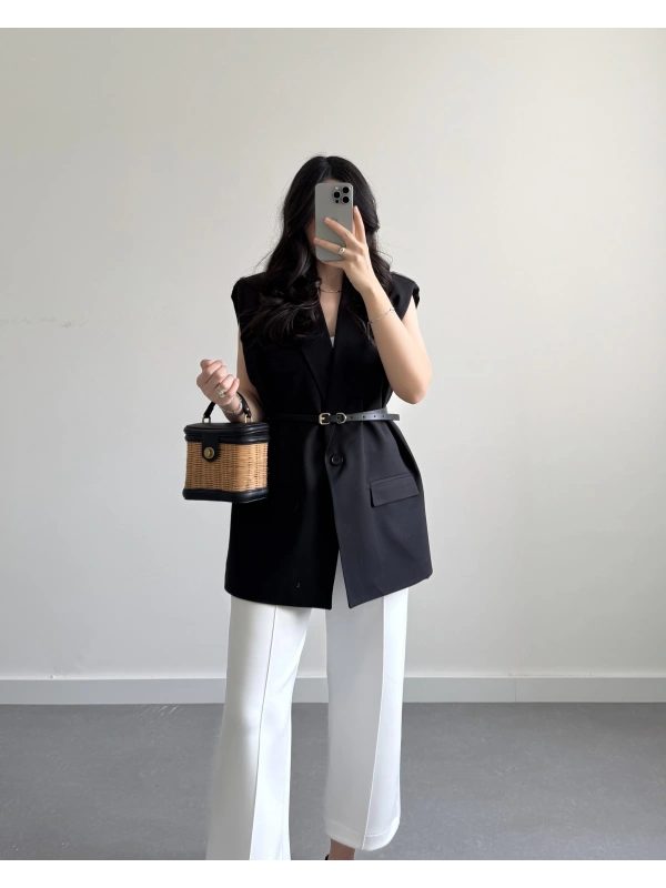 Kemerli Vatkalı Yelek Siyah