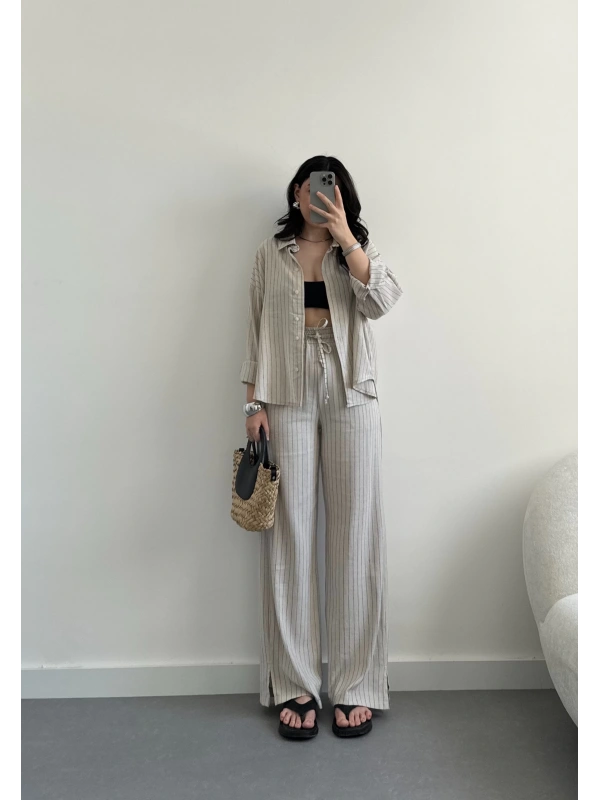 Keten Çizgili gömlek takım