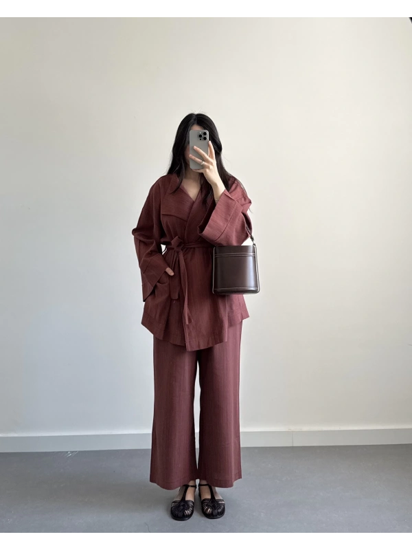 KİREMİT HAM KETEN KİMONO İKİLİ TAKIM