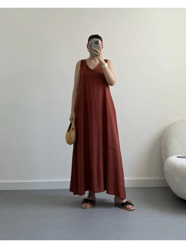 Kiremit Keten Kumaş Cepli Elbise