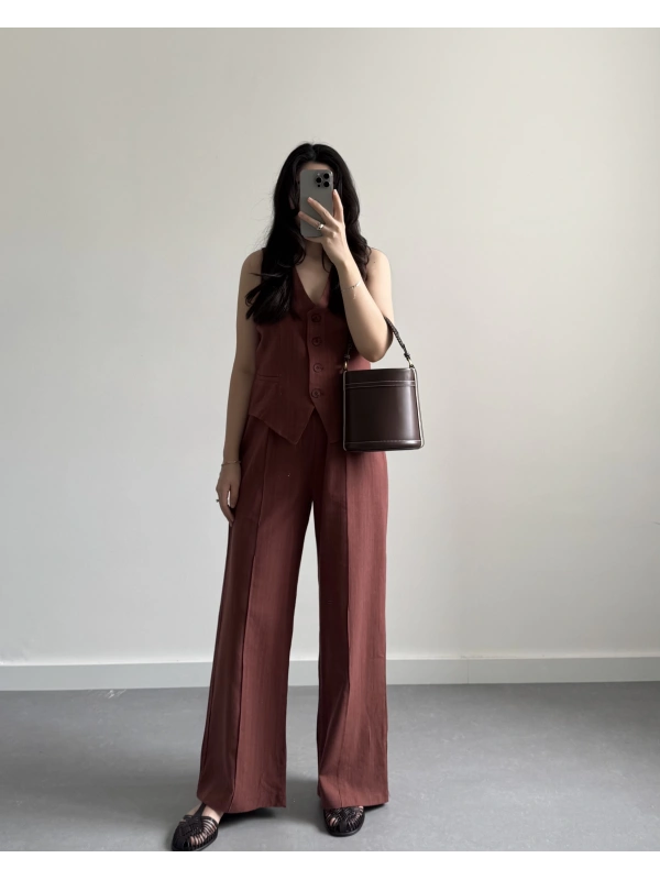 KİREMİT KETEN YELEK PANTOLON TAKIM