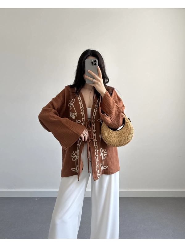 KİREMİT MÜSLİN NAKIŞLI KİMONO