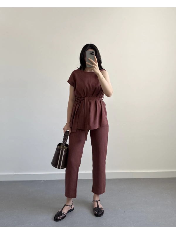 KİREMİT OMUZ DETAYLI KUŞAKLI TAKIM