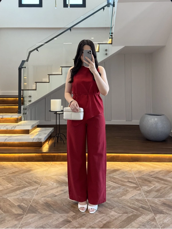 KIRMIZI ASİMETRİK BLUZ PANTOLON TAKIM-8784
