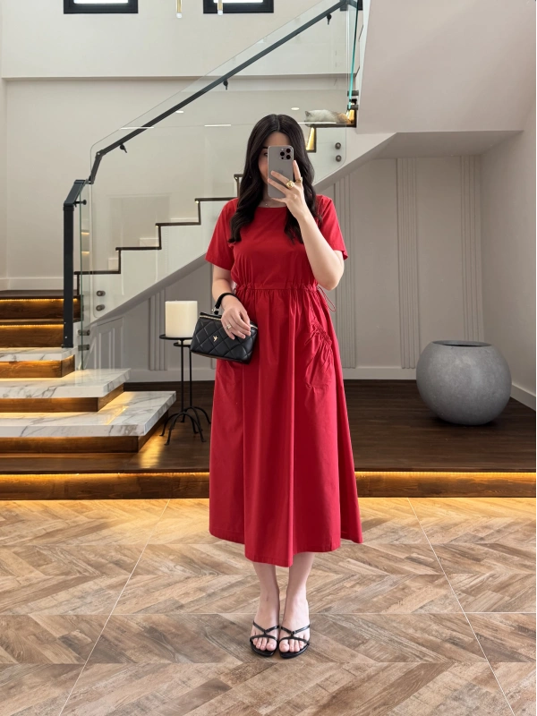 KIRMIZI BEL BÜZGÜLÜ CEPLİ ELBİSE-30731