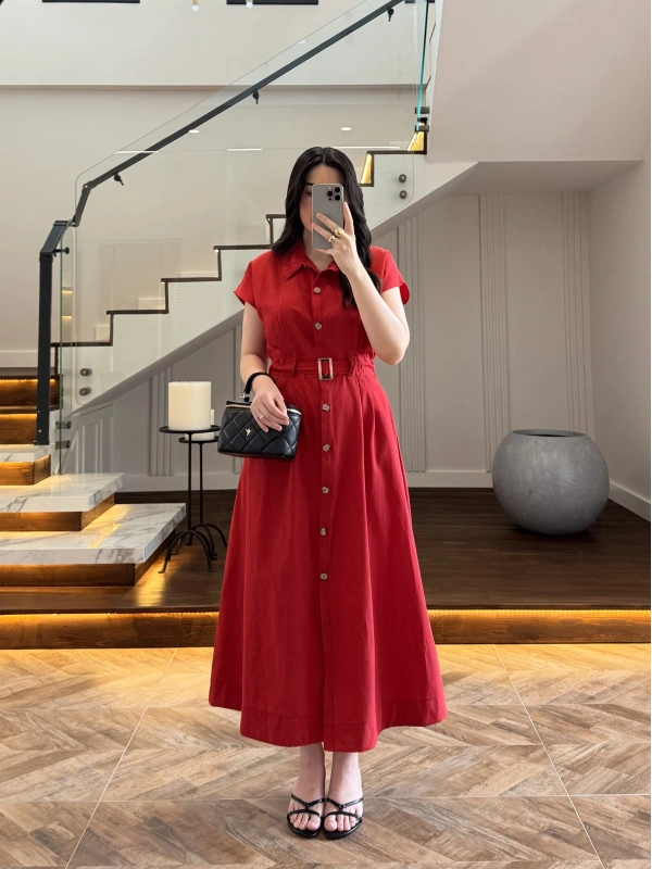 KIRMIZI ÖNÜ DÜĞMELİ KEMERLİ ELBİSE -3976