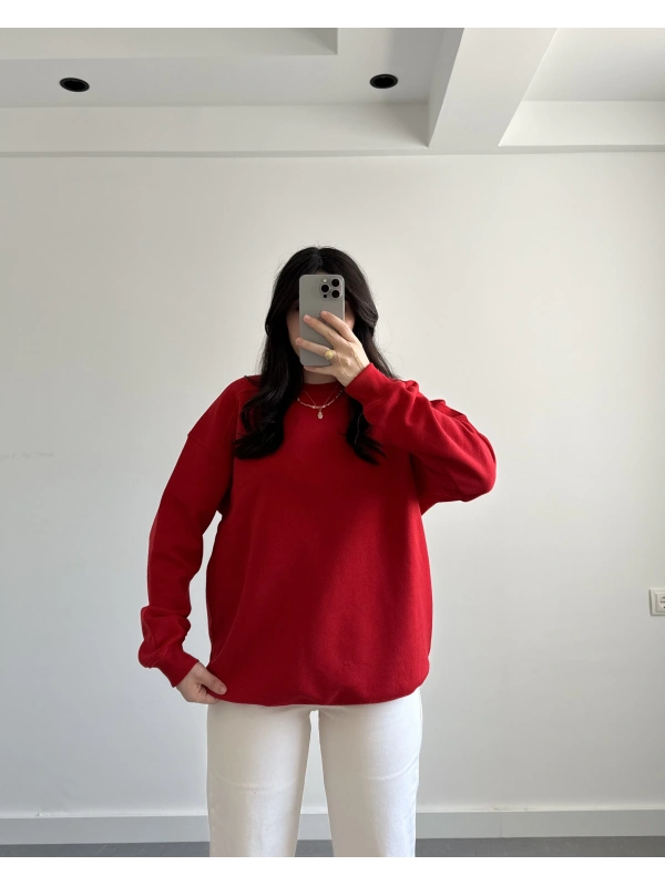 KIRMIZI OVERSİZE ŞARDONLU SWEATSHİRT