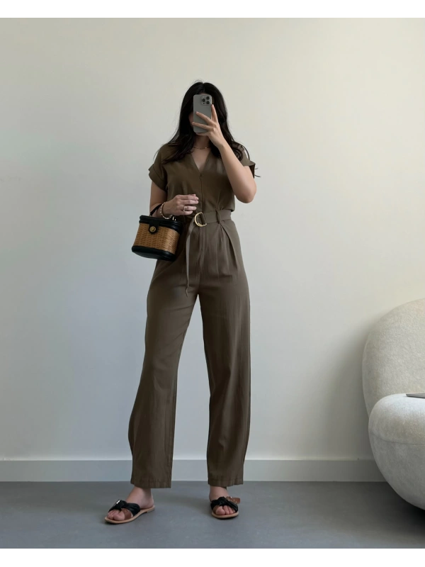 Koyu haki fermuarlı keten tulum