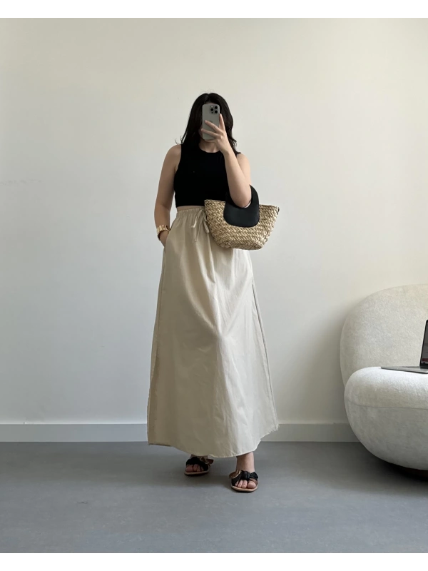 Krem beli bağcıklı midi boy etek