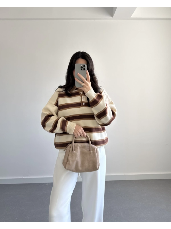 KREM ÇİZGİLİ KAZAK