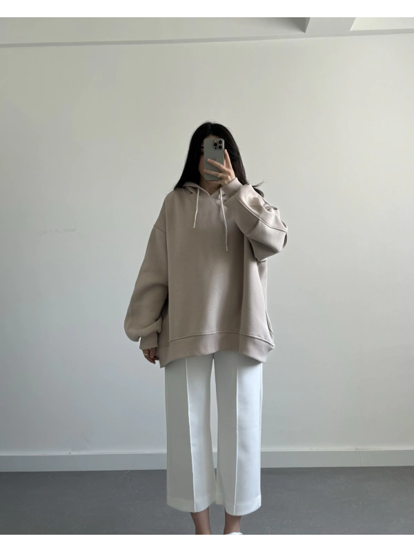 KREM OVERSİZE CEPLİ SWEATSHİRT