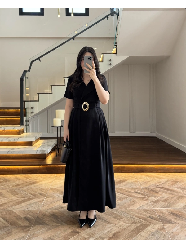 KRUVAZE YAKA KEMERLİ ELBİSE SİYAH - 2332