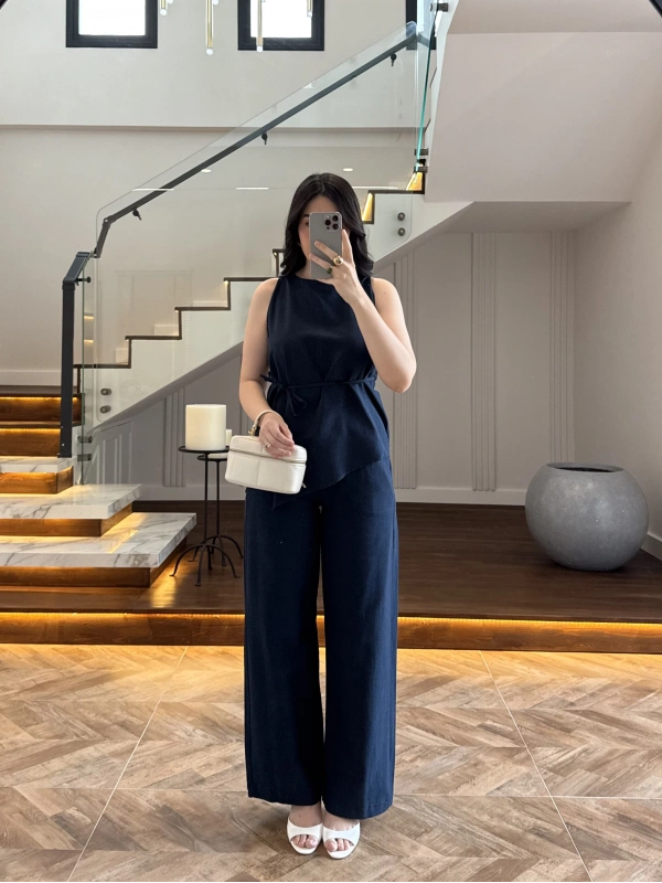 LACİVERT ASİMETRİK BLUZ PANTOLON TAKIM-8784