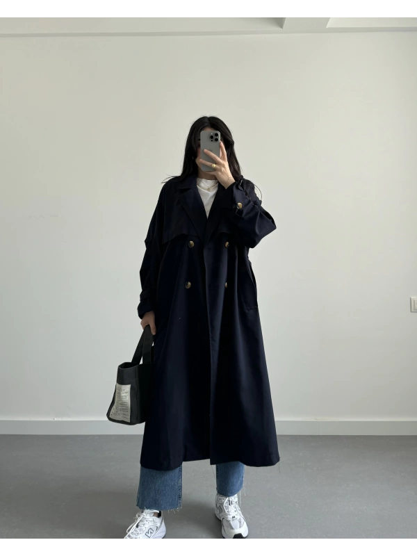 LACİVERT ASTARSIZ UZUN TRENÇKOT