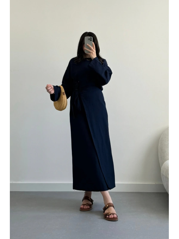 Lacivert Bağlamalı Etek Bluz Takım