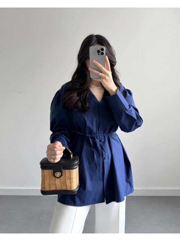 LACİVERT BALON KOL POPLİN GÖMLEK