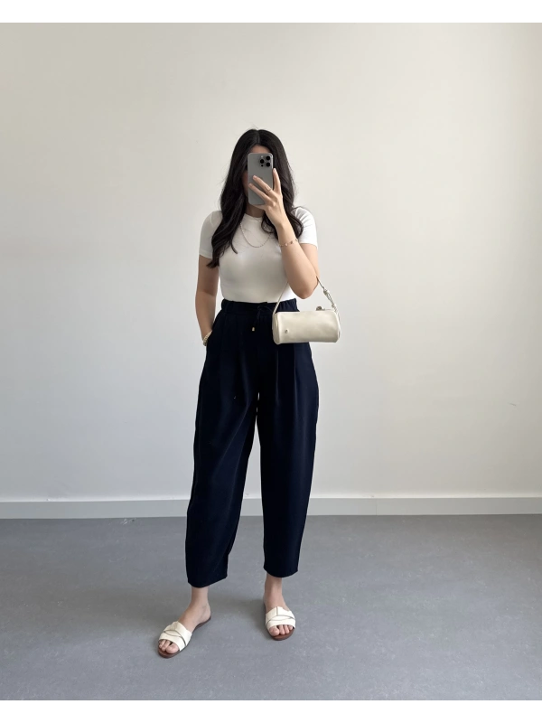 LACİVERT BEL BAĞLAMALI ŞALVAR PANTOLON