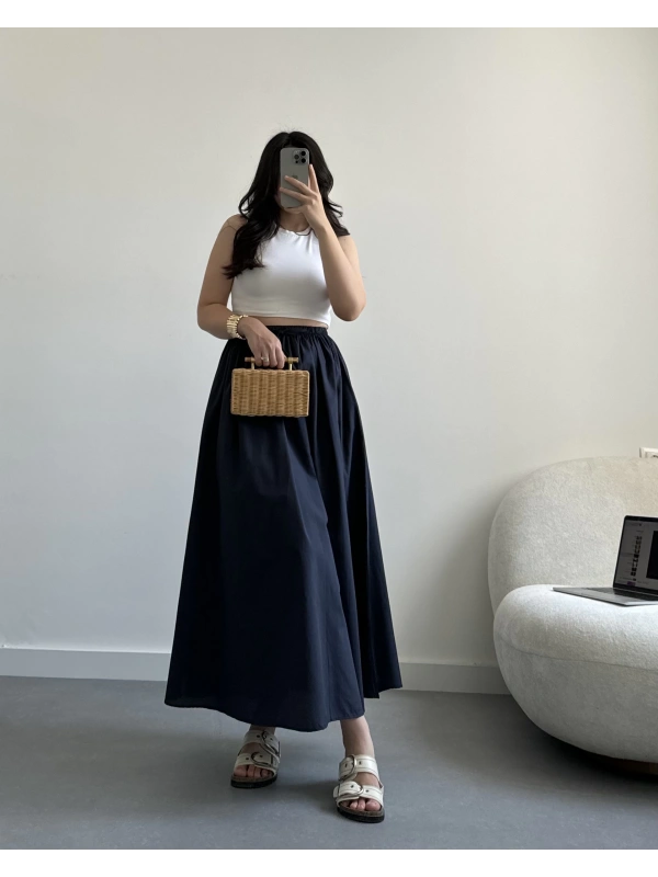 Lacivert beli bağcıklı midi boy etek