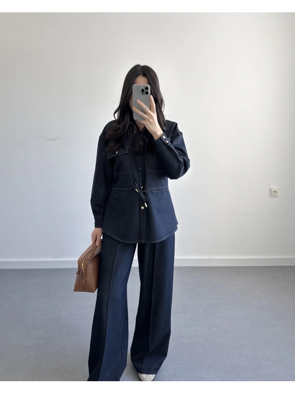 LACİVERT BELİ LASTİKLİ DENİM TAKIM