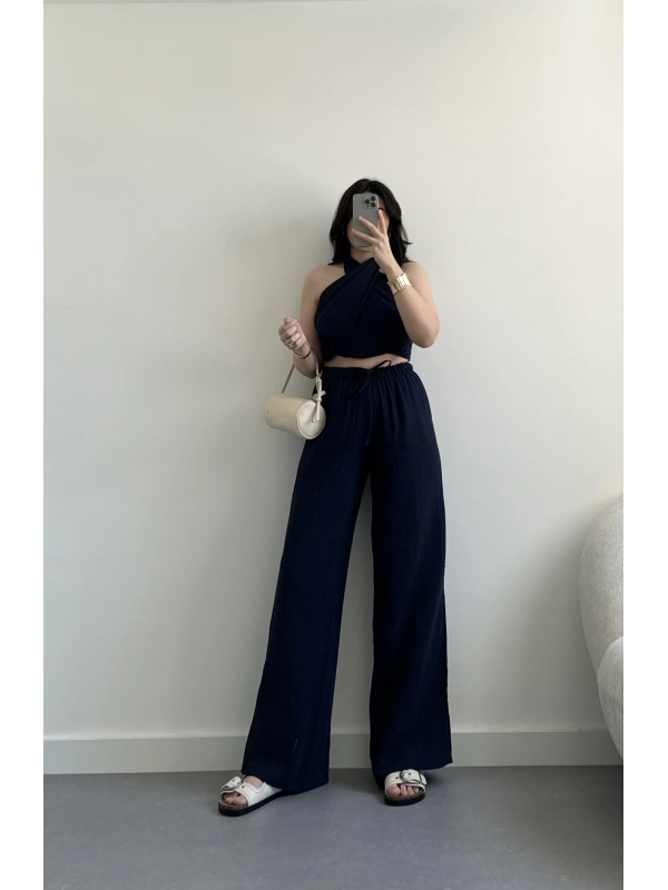 Lacivert boyundan bağlamalı müslin takım