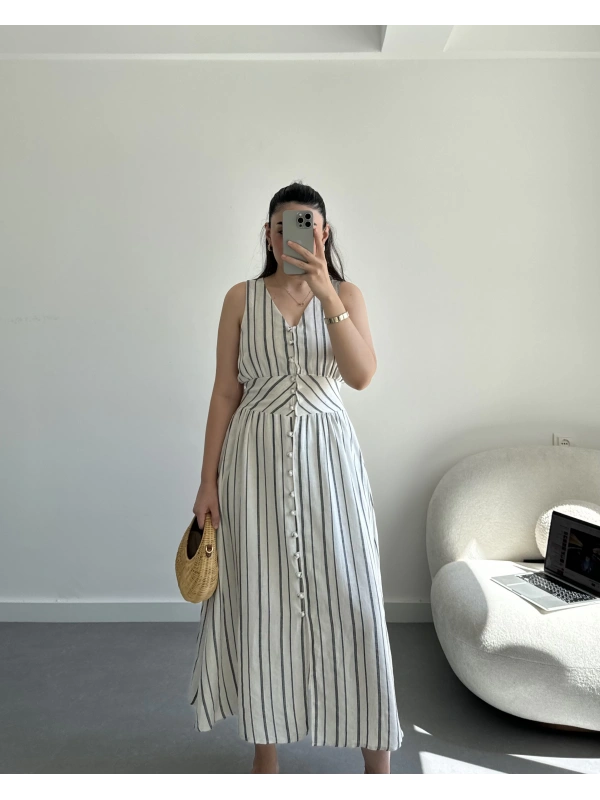 Lacivert Çizgili Keten Elbise