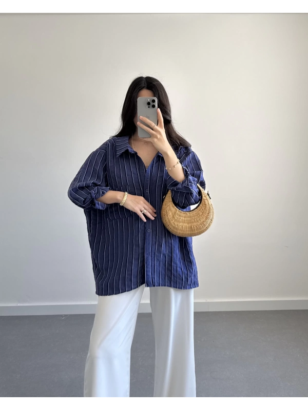 LACİVERT ÇİZGİLİ PREMİUM TENSEL GÖMLEK