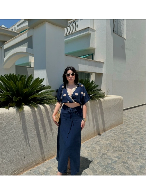 Lacivert deniz kabuklu etek takım