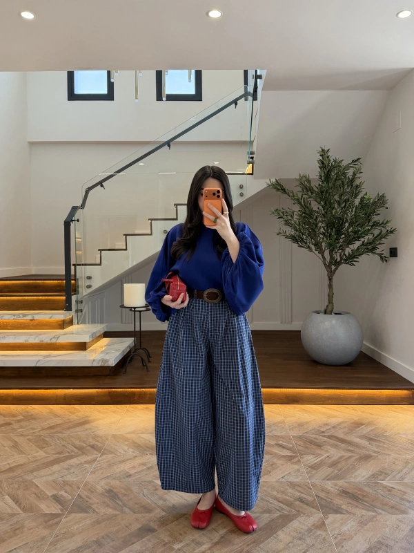 LACİVERT EKOSE KEMERLİ PANTOLON-51478