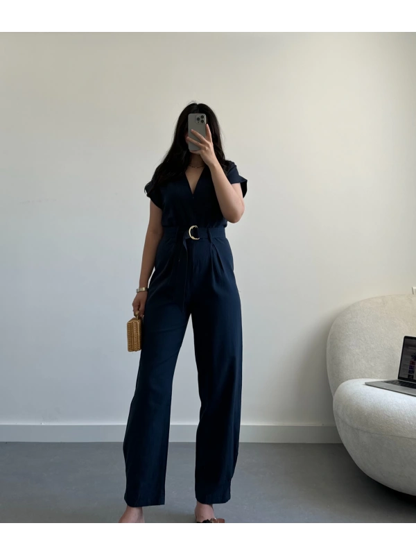 Lacivert fermuarlı keten tulum