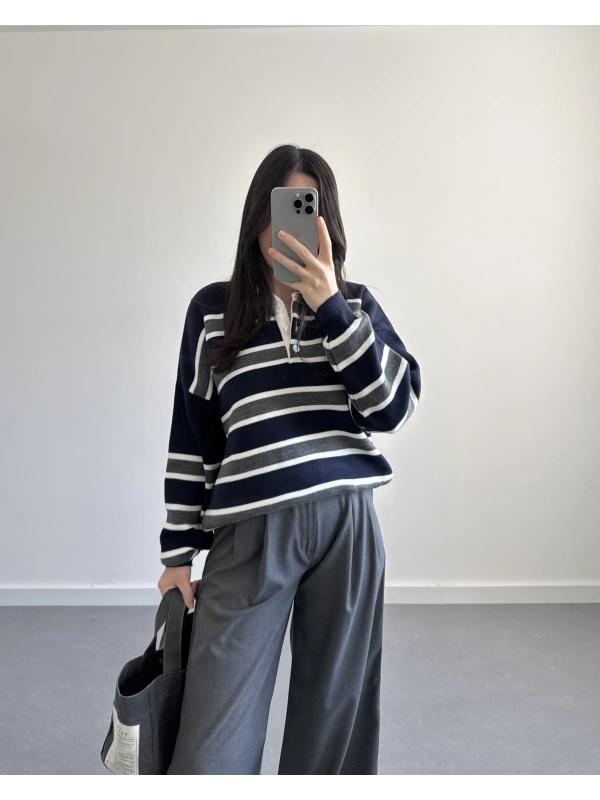 LACİVERT - GRİ ÇİZGİLİ KAZAK