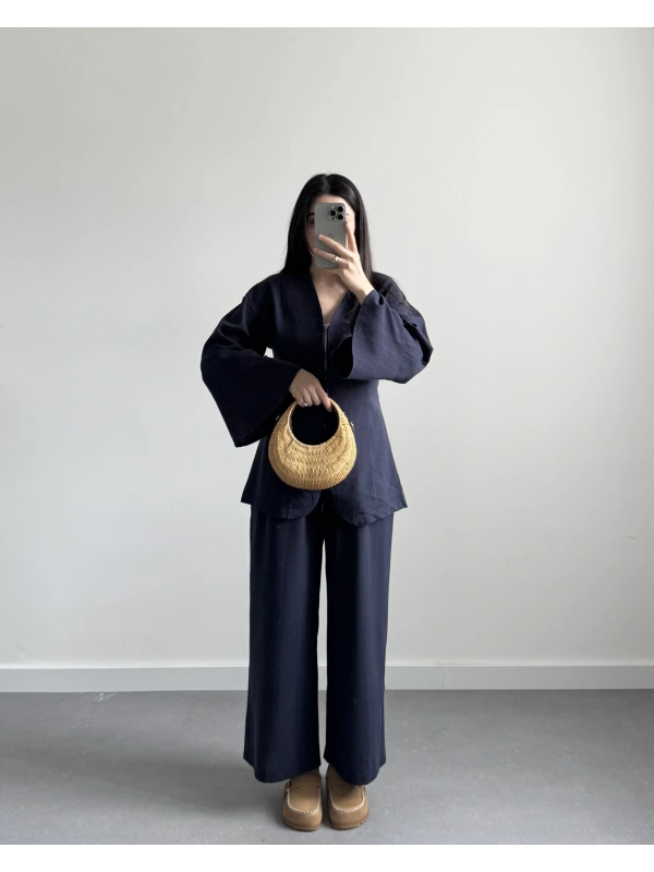 LACİVERT KANCALI HAM KETEN İKİLİ TAKIM