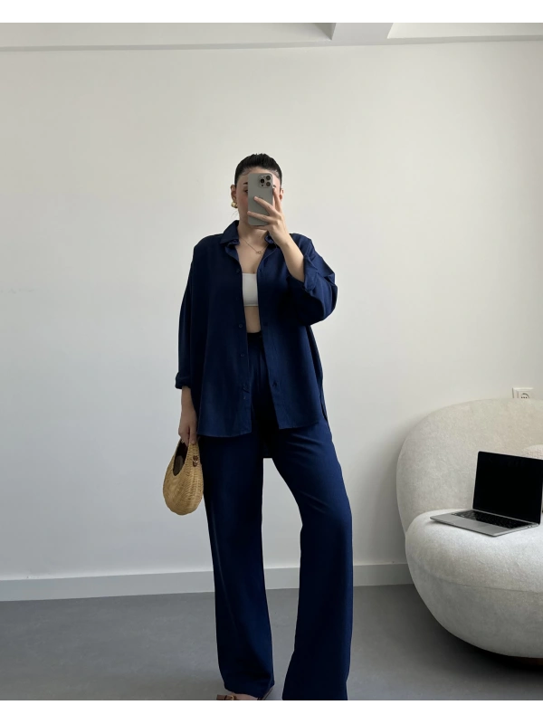 Lacivert Keten Kumaş Gömlek Takım