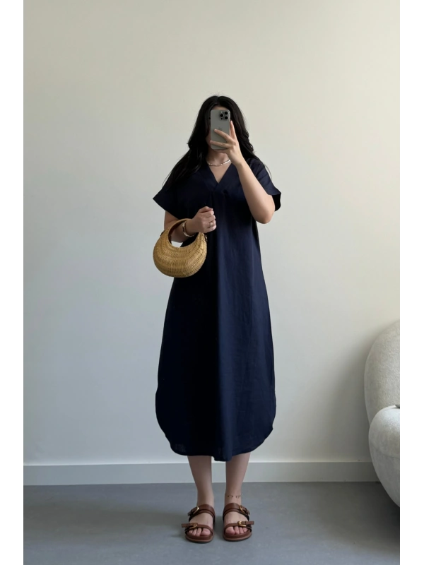 Lacivert Keten Kumaş Midi Boy Elbise