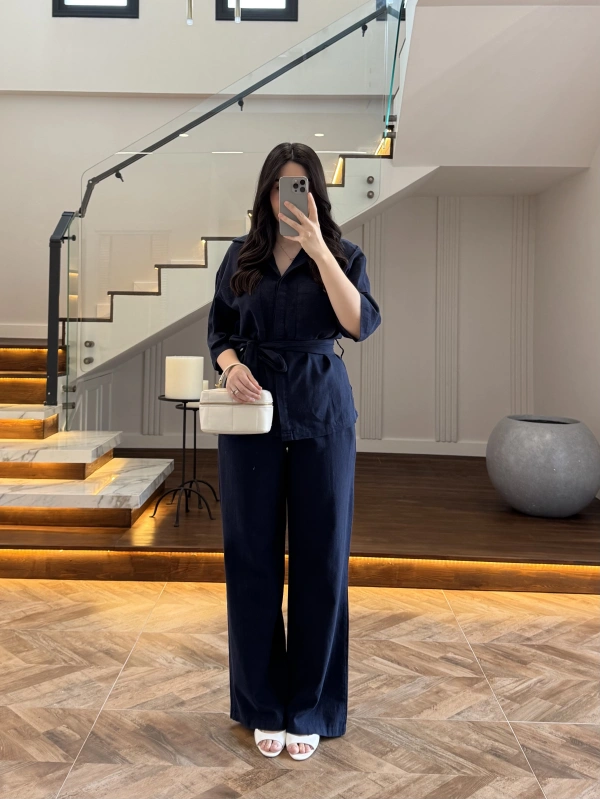 LACİVERT KETEN KUŞAKLI GÖMLEK TAKIM-267366