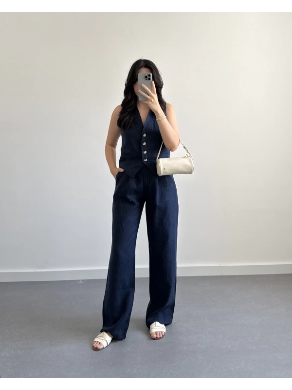 LACİVERT KETEN MASKÜLEN YELEK PANTOLON TAKIM