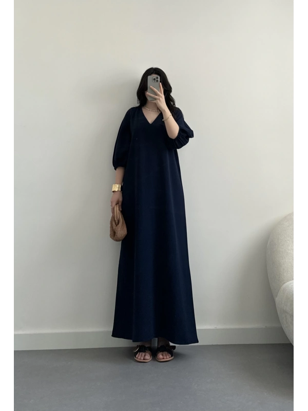 Lacivert keten uzun elbise