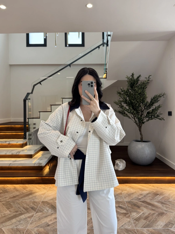 LACİVERT KONTRAST YAKA EKOSE CEKET-7763
