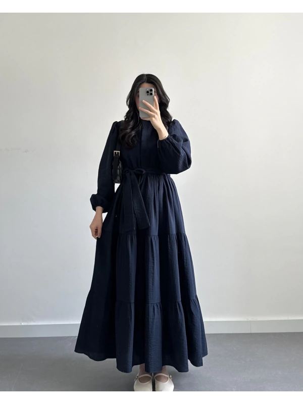 LACİVERT KUŞAKLI PREMİUM ELBİSE