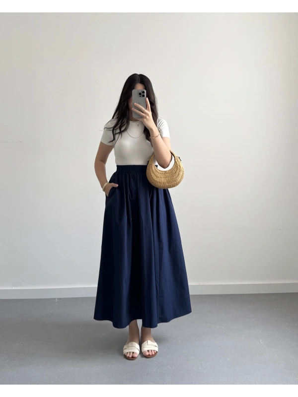 LACİVERT MİDİ BOY POPLİN ETEK