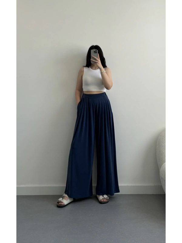 Lacivert Modal kumaş pileli pantolon