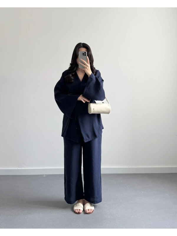 LACİVERT MODAL KUŞAKLI KİMONO TAKIM