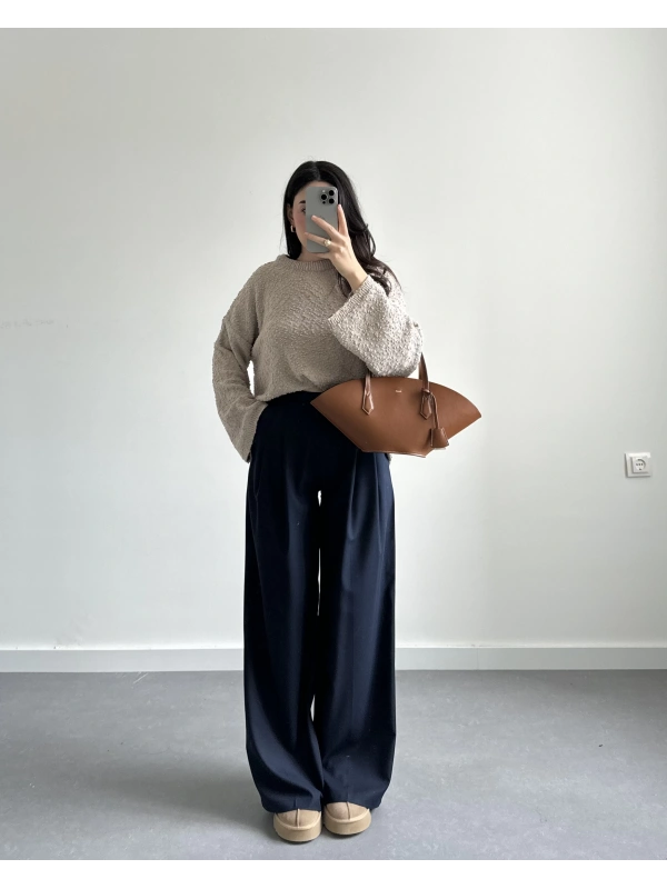 LACİVERT ÖNDEN PENSLİ BOL PAÇA PANTOLON